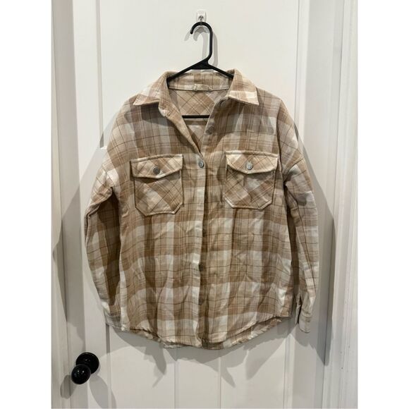 Altar’s State Plaid Flannel shirt jacket button down tan - Picture 1 of 6